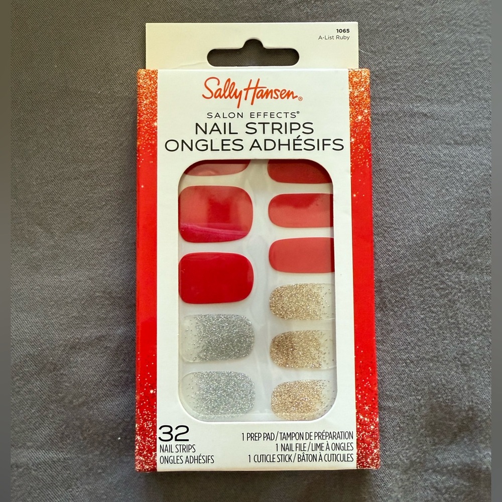 Sally Hansen Red with Silver and Gold Glitter Nail Polish Strips NIB